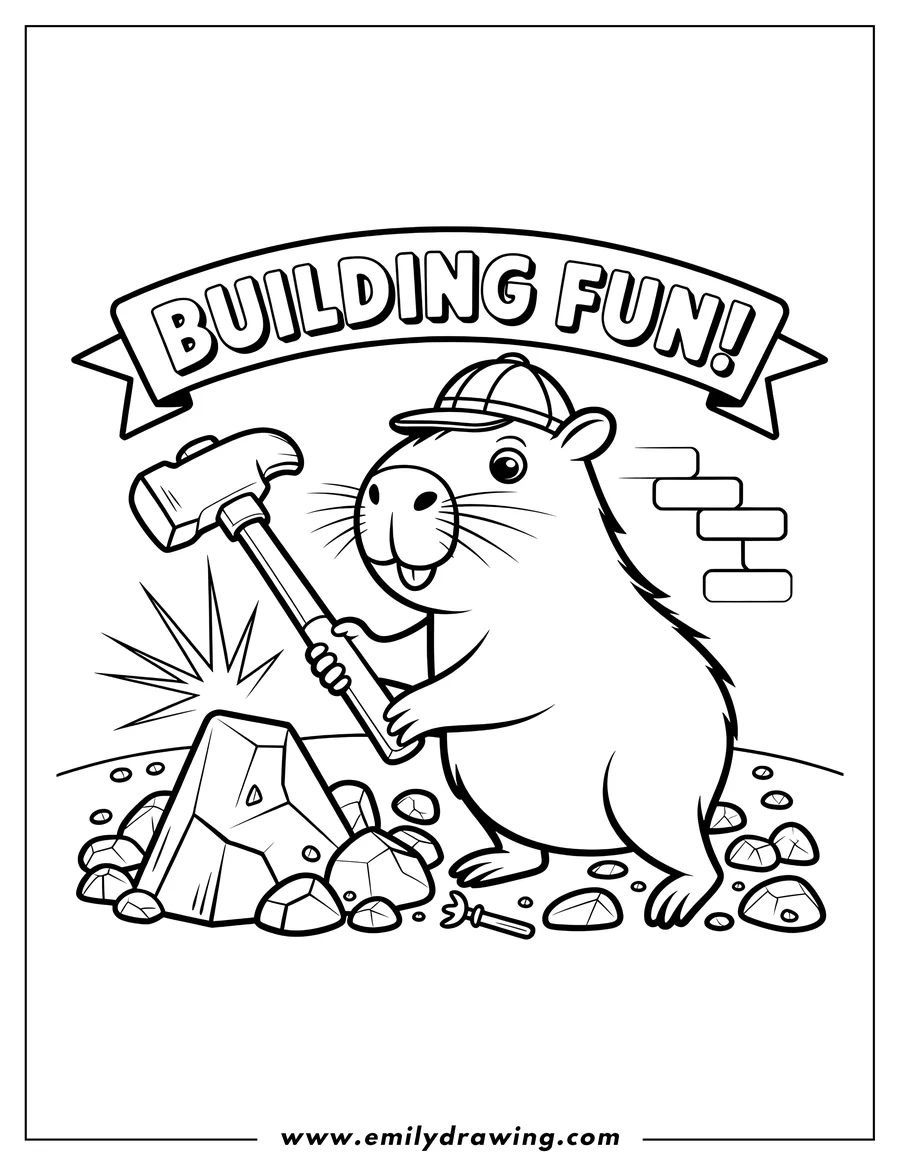 Line art of a capybara wearing a hat and using a hammer to build or break rocks.