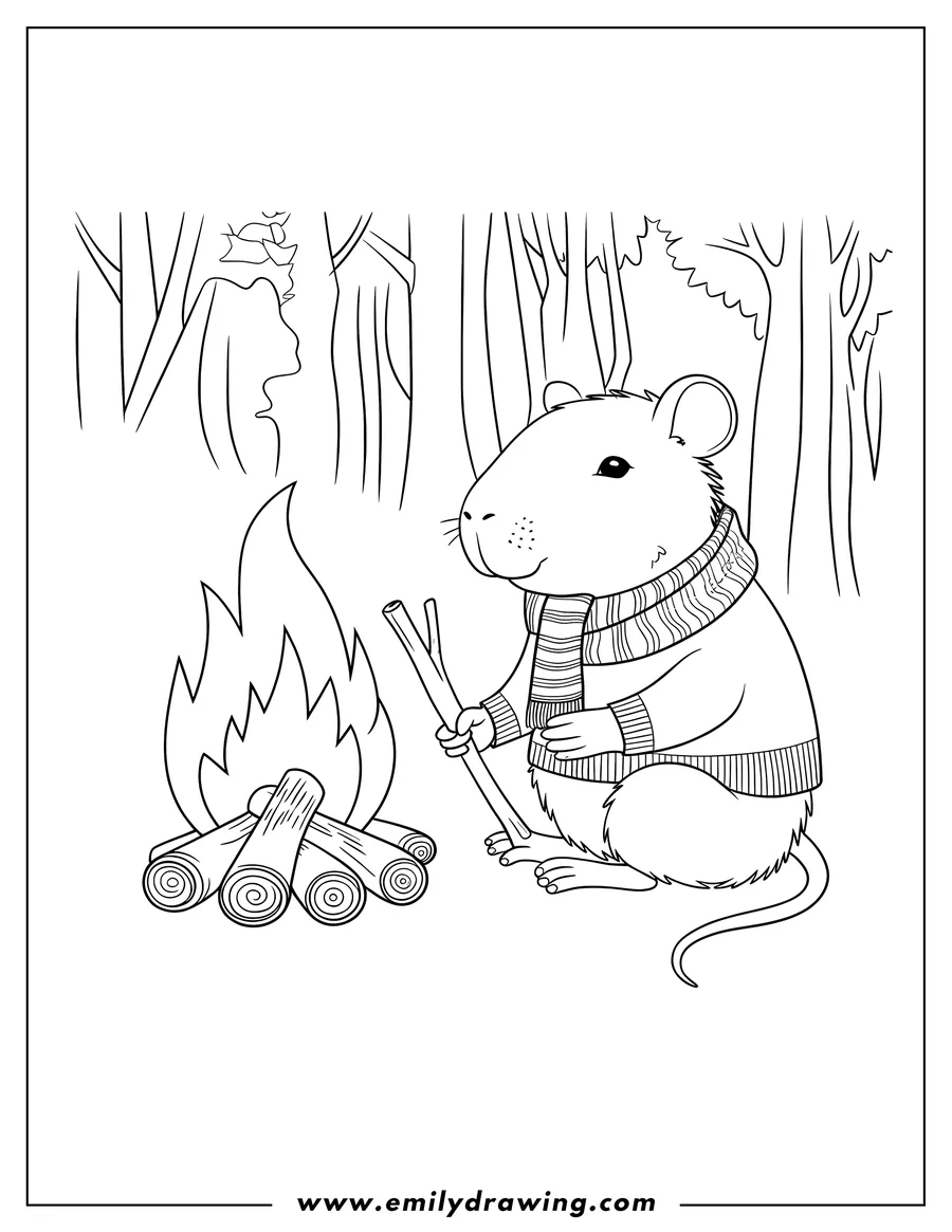 Outline of a capybara sitting by a campfire in the woods, wearing a sweater and striped scarf, holding a stick.