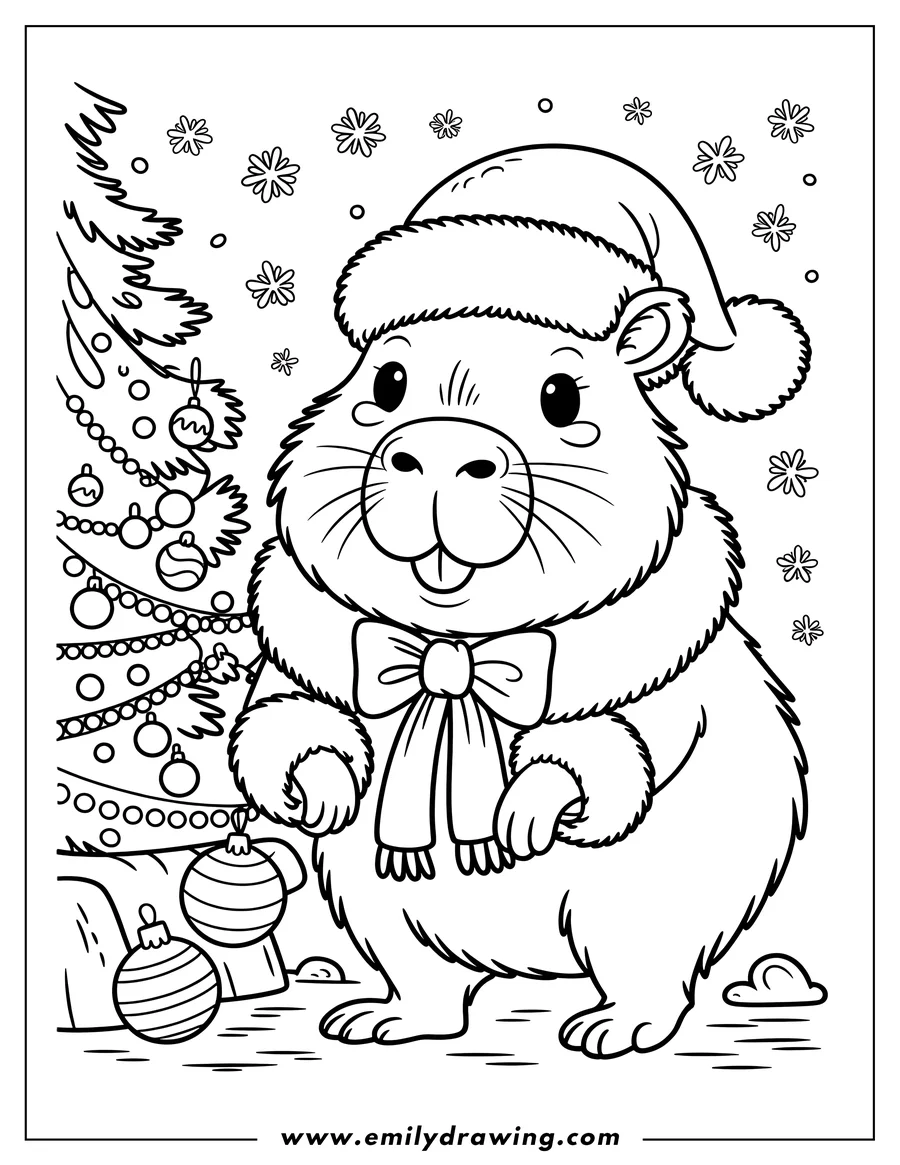 Line art of a capybara wearing a Santa hat and ribbon, standing near a decorated Christmas tree with ornaments. Snowflakes fall gently in the background.