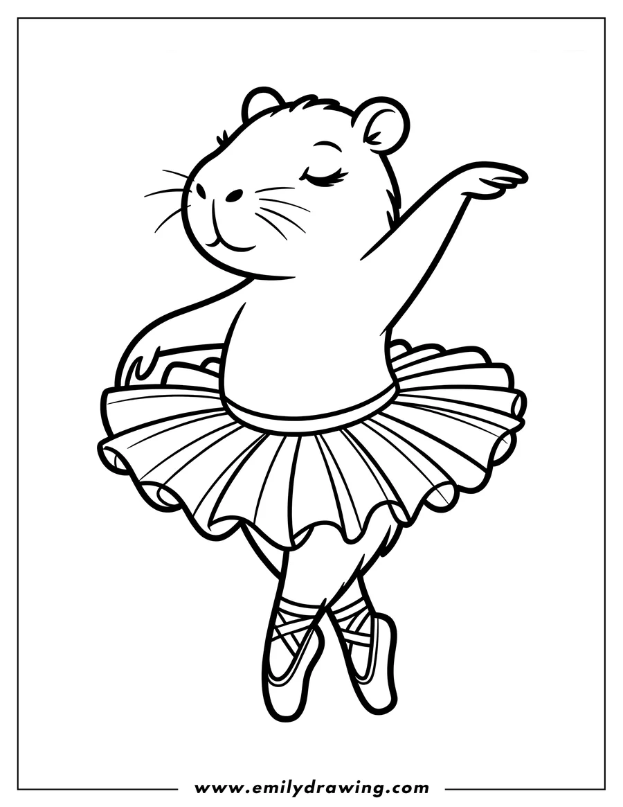 Outline of a capybara wearing a tutu and ballet slippers, dancing.