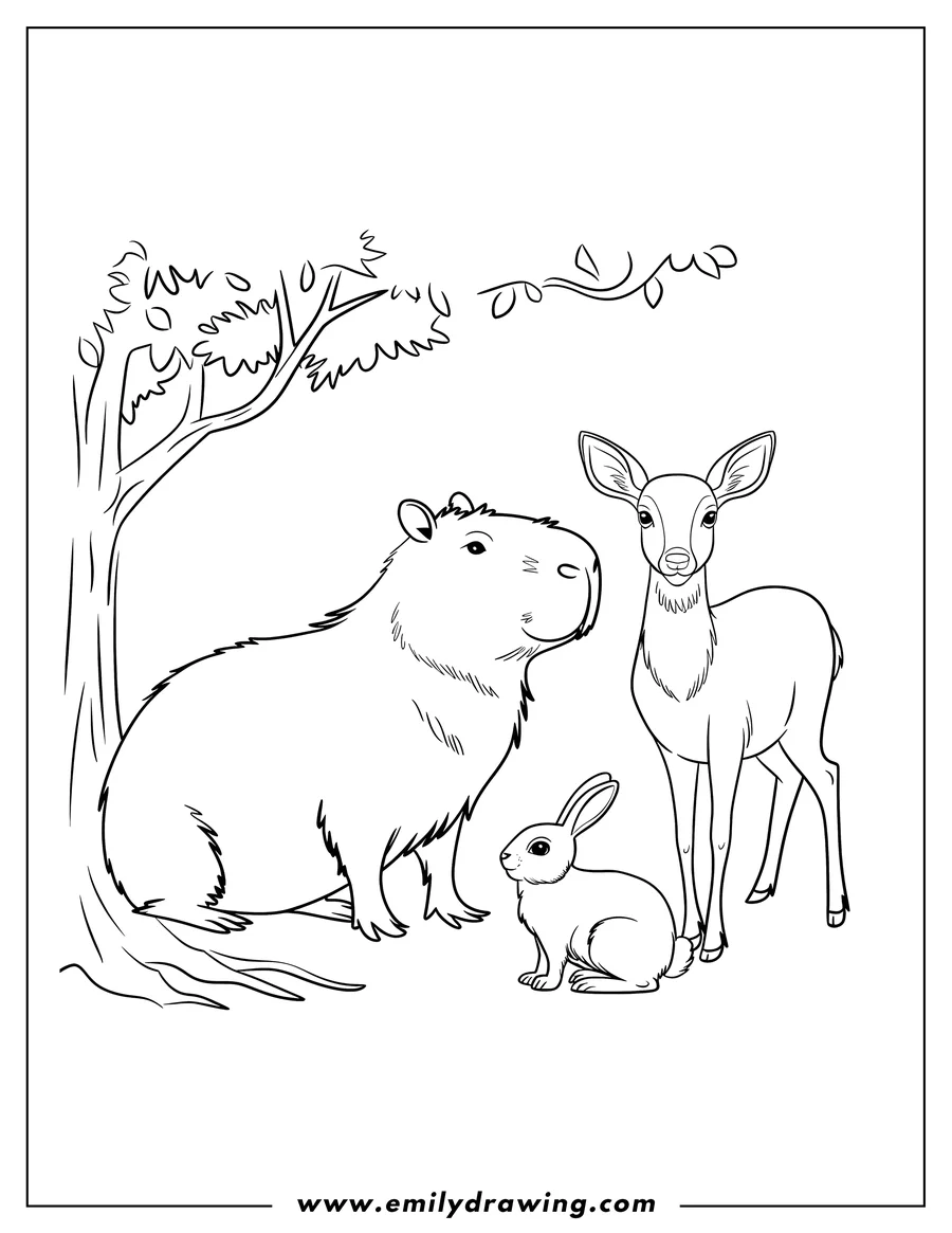 Outline of a capybara, deer, and rabbit sitting together under a tree.