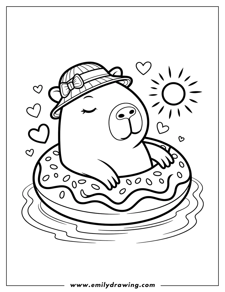 Outline of a capybara wearing a sun hat and floating on a donut-shaped inner tube in water.