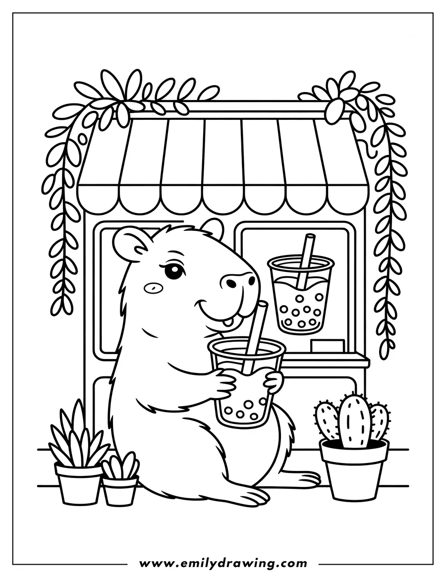 Outline of a capybara drinking boba tea in front of a shop with potted plants.