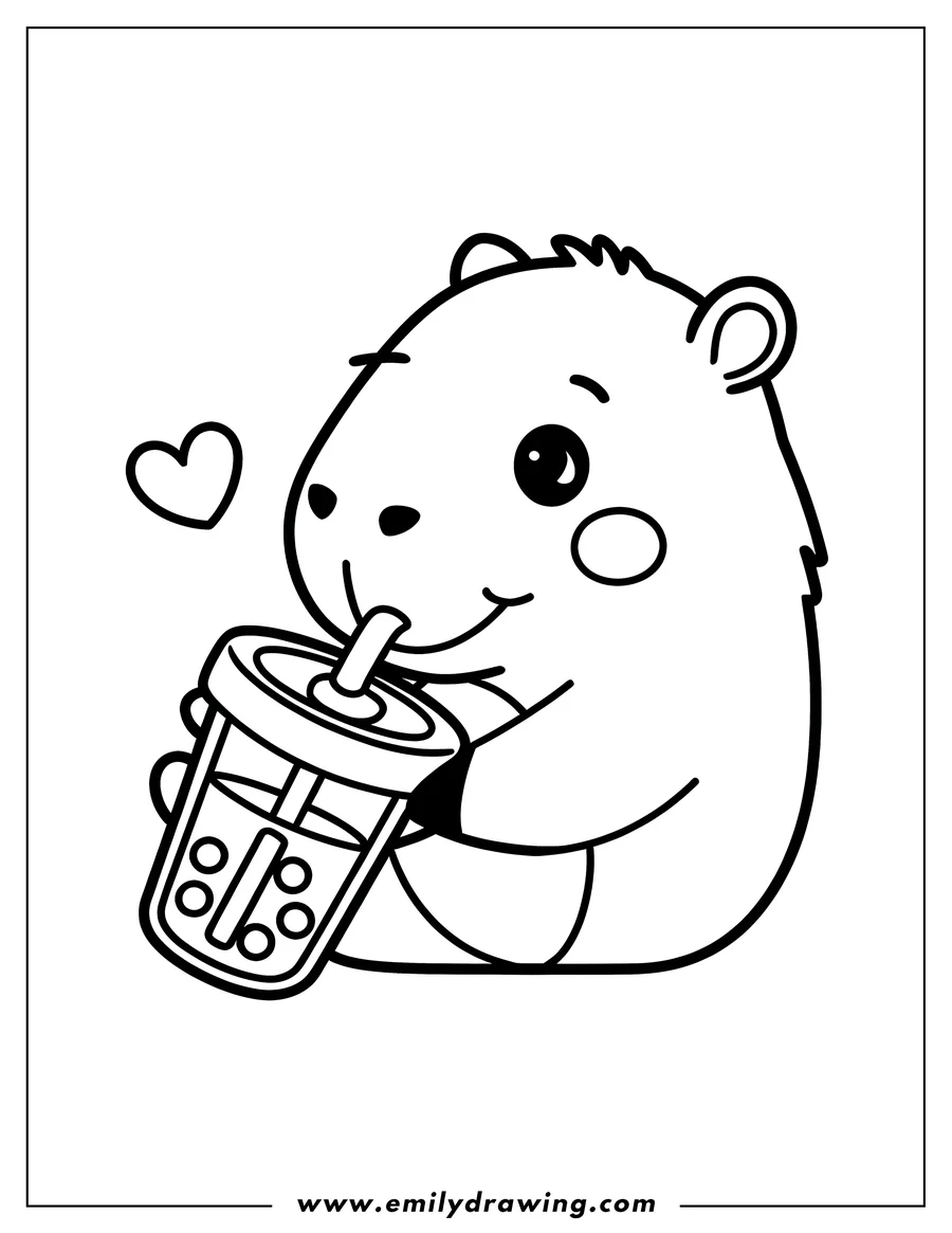 Outline of a capybara happily drinking bubble tea with a straw.