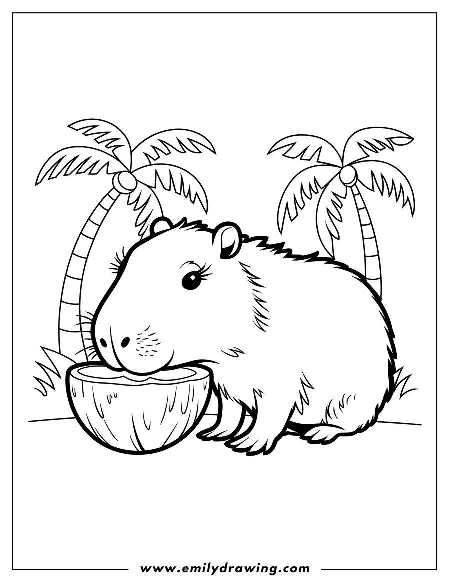 Outline of a capybara drinking from a coconut with two palm trees in the background.