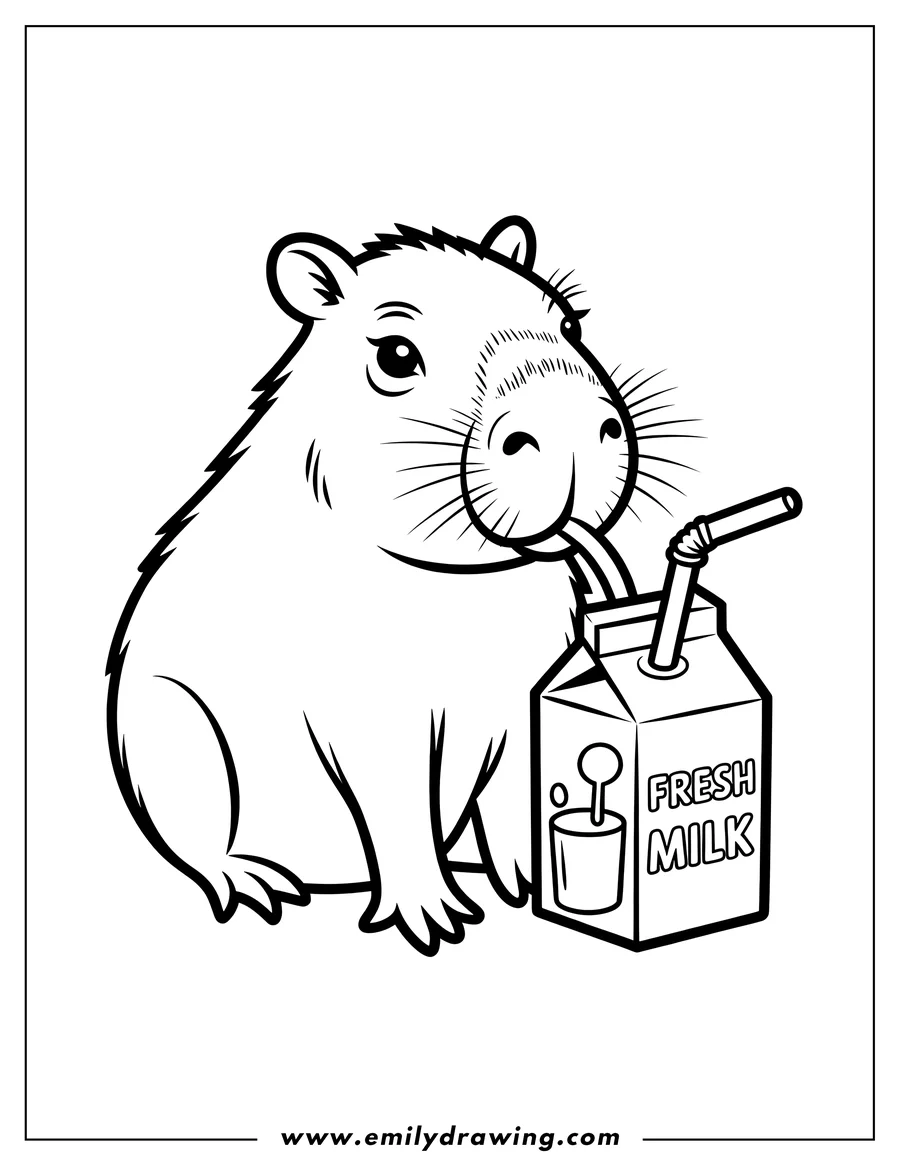 Outline of a capybara drinking milk from a carton with a straw.