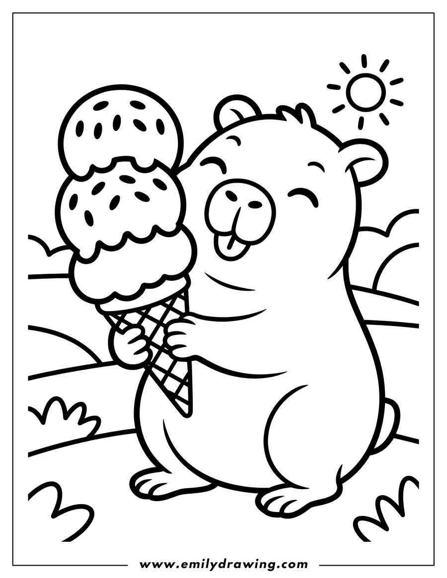 Outline of a capybara holding and eating a triple-scoop ice cream cone.