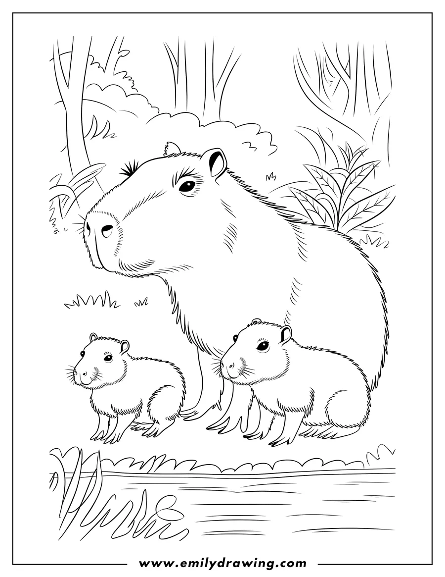 Outline of a capybara family by the river. A large adult capybara stands with two smaller baby capybaras near the water's edge.