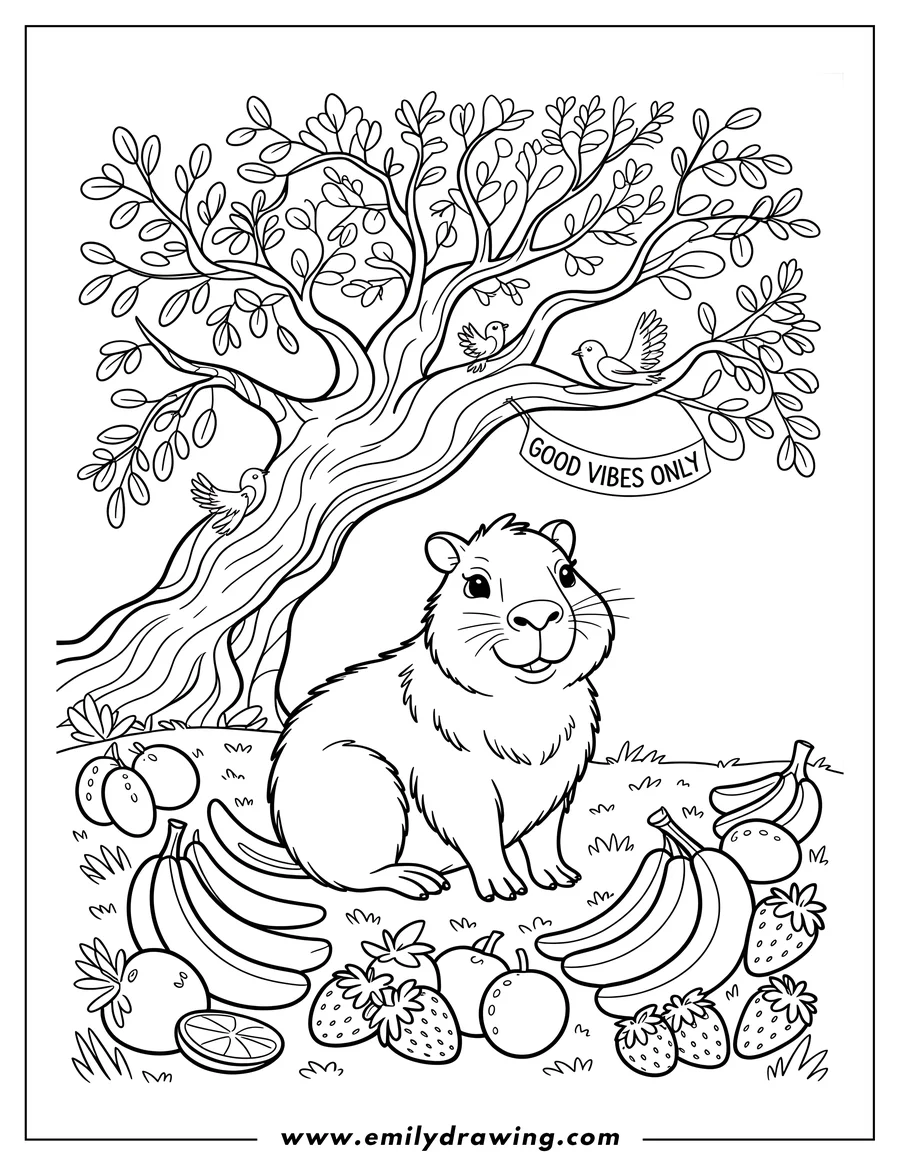 Outline of a capybara sitting under a tree with a