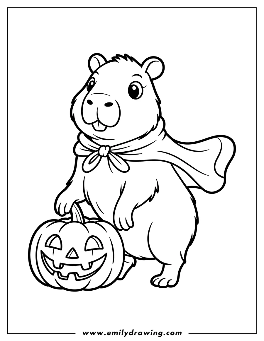 Line art of a capybara wearing a cape and holding a Halloween pumpkin.