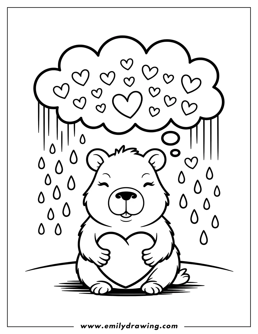 Line art of a capybara holding a large heart, with a thought bubble above showing hearts and raining hearts.