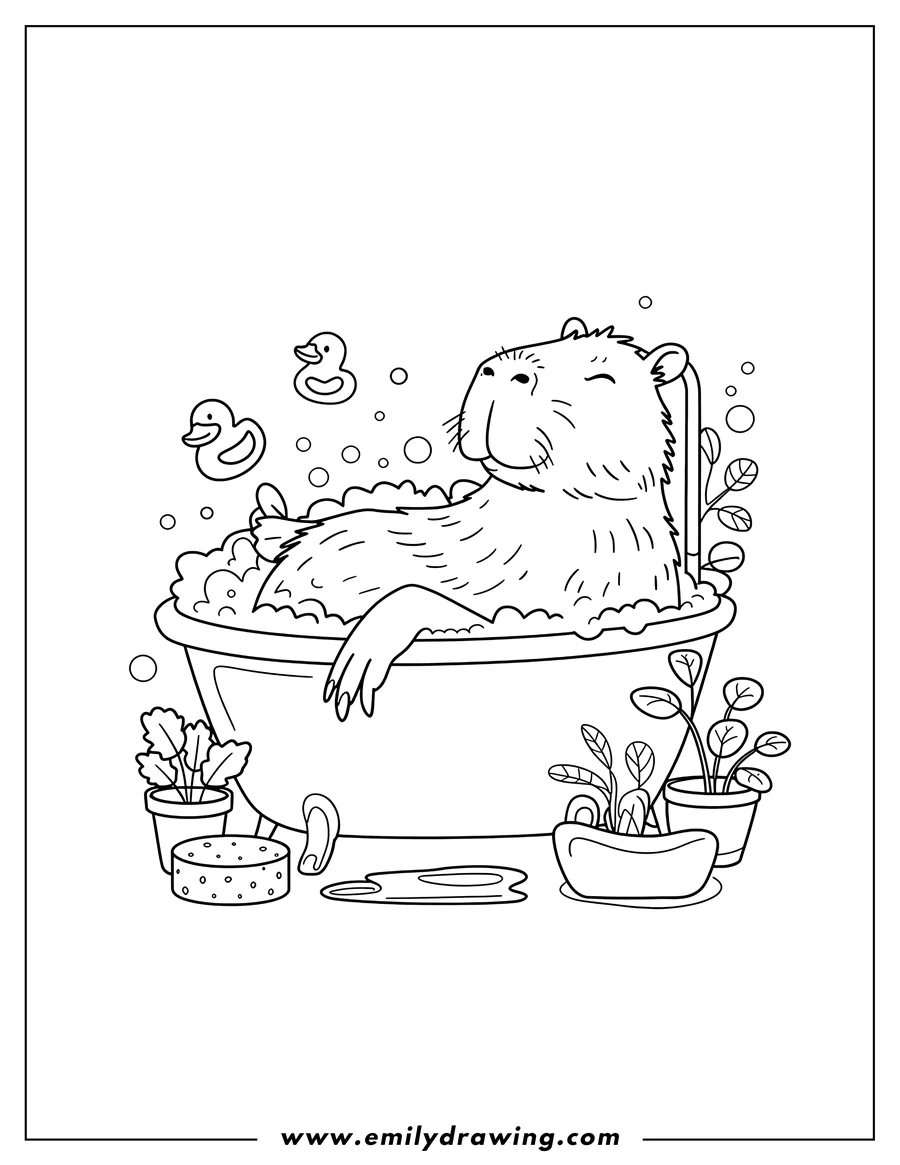 Outline of a capybara relaxing in a bathtub with rubber ducks and potted plants.