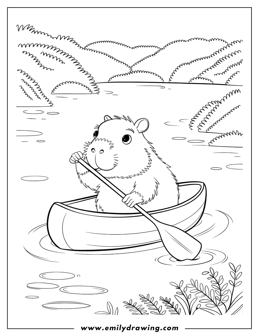 Outline of a capybara paddling a canoe on a river.