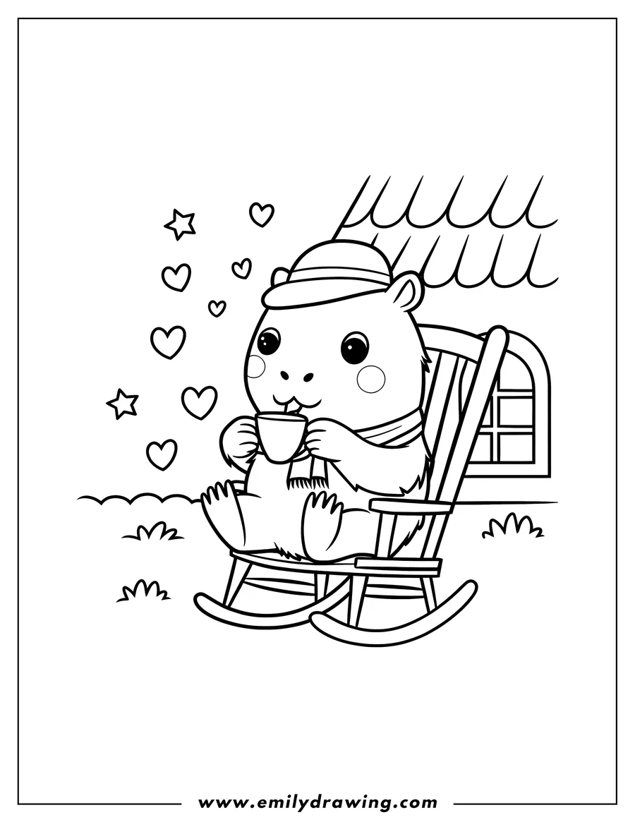 Outline of a capybara sitting in a rocking chair, wearing a hat and scarf, drinking from a cup, with hearts and stars around it.