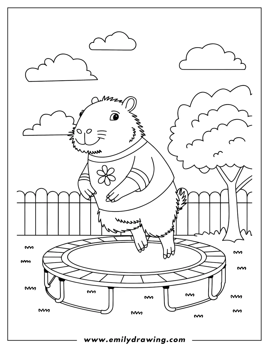Outline of a capybara jumping on a trampoline in a backyard setting. The capybara is wearing a t-shirt with a flower on it.