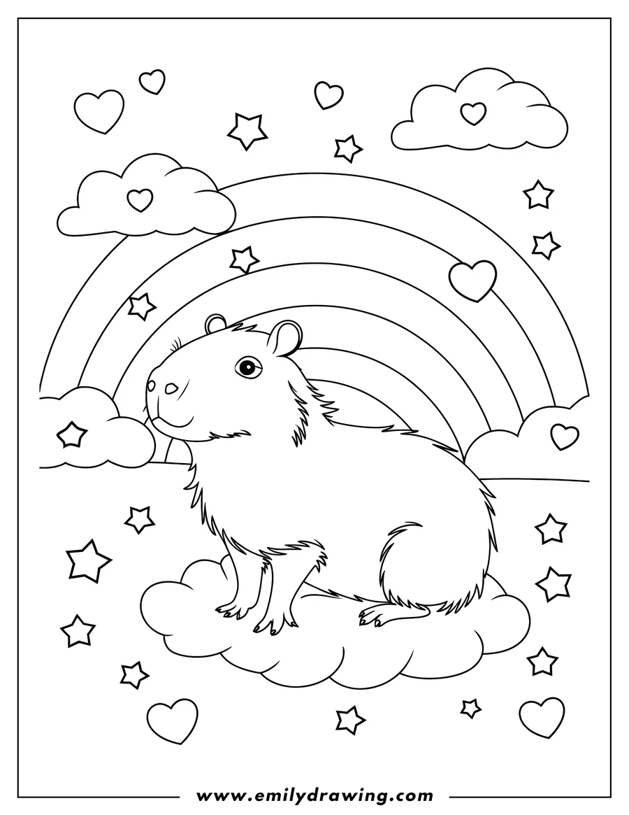 Outline of a capybara sitting on a cloud with a rainbow, stars, and hearts in the background.