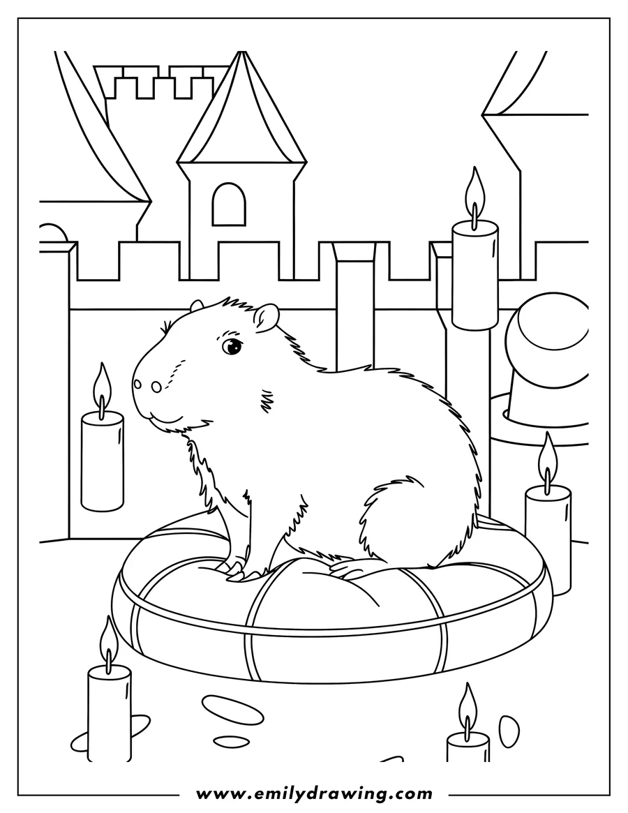 Outline of a capybara sitting on a round cushion, surrounded by lit candles with a castle wall in the background.