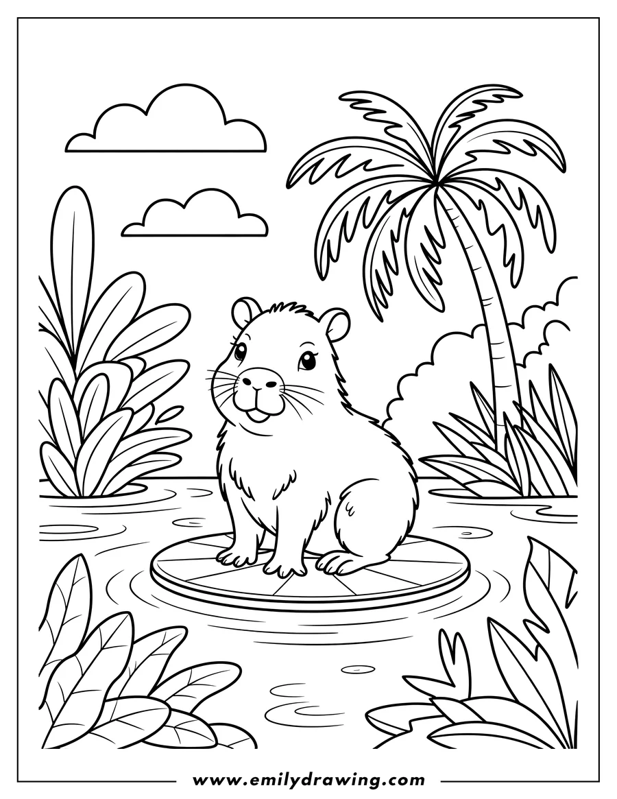 Outline of a capybara sitting on a lily pad in a pond, with a palm tree and other tropical plants in the background.