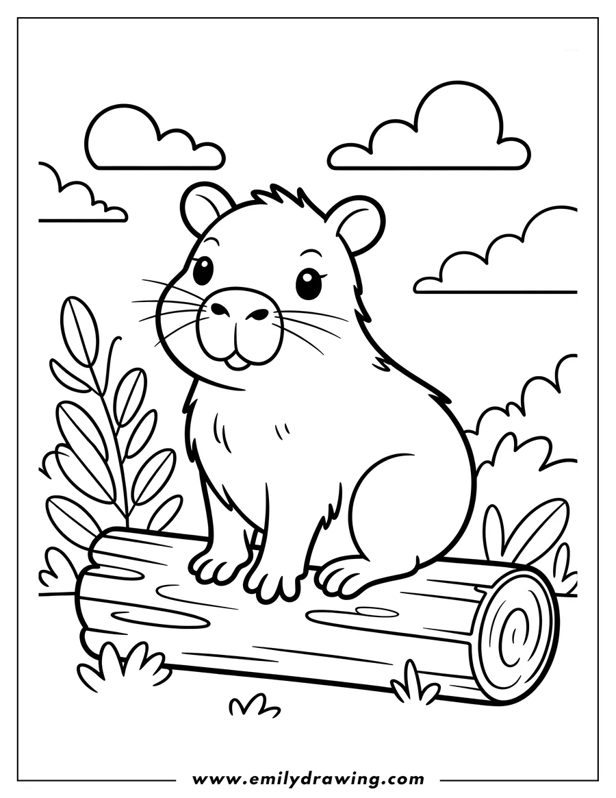 Outline of a capybara sitting on a log in a grassy area with clouds in the background.
