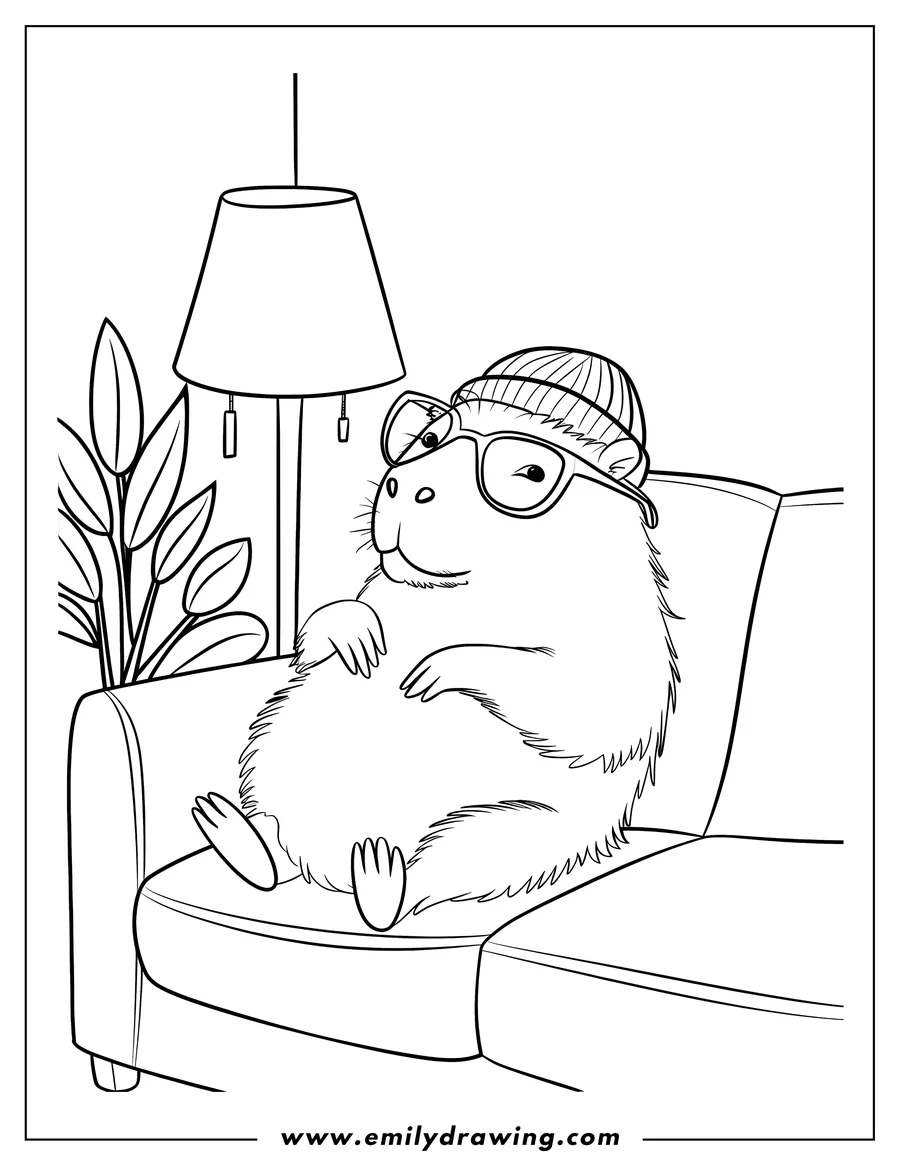 Outline of a capybara sitting on a sofa, wearing a beanie hat and glasses. A potted plant and floor lamp are visible in the background.