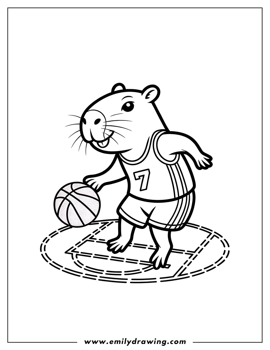Line art of a capybara playing basketball. The capybara is wearing a jersey and bouncing a basketball on a court.