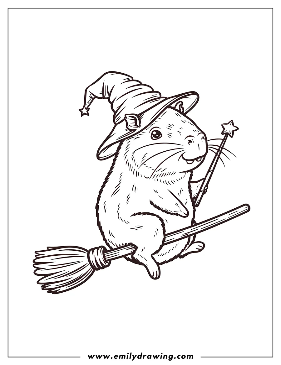 Outline of a capybara riding a broomstick, holding a magic wand, and wearing a witch's hat.