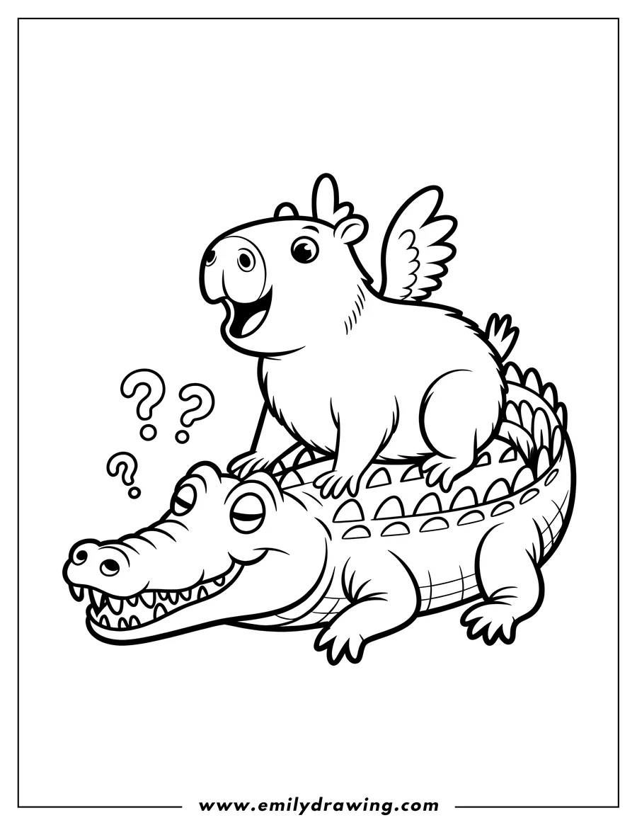 Outline of a capybara with small wings riding on the back of a crocodile. The crocodile looks perplexed, while the capybara appears cheerful.