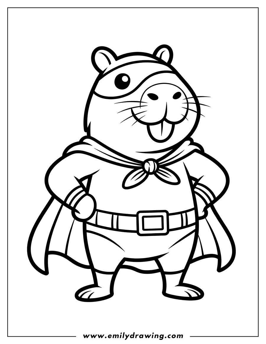 Outline of a capybara dressed as a superhero, wearing a cape and mask.