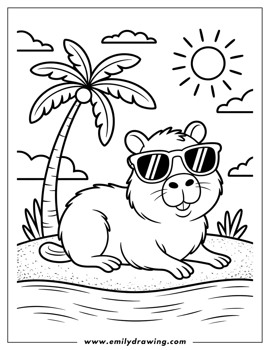 Outline of a capybara wearing sunglasses, relaxing on a small sandy island with a palm tree, sun, and water.
