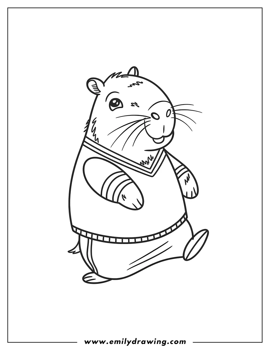 Outline of a capybara wearing a sweater and pants, walking.