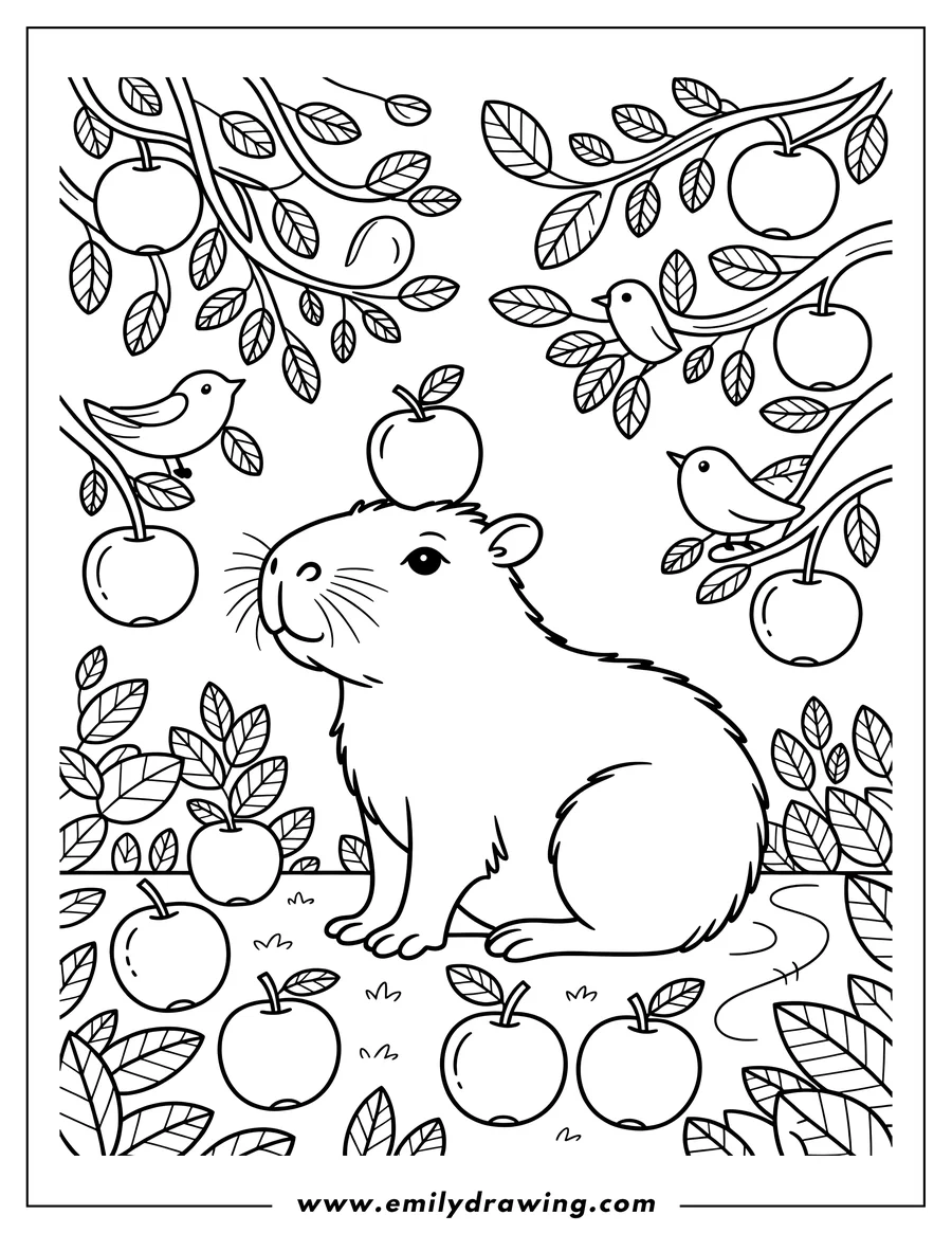 Outline of a capybara sitting calmly with an apple balanced on its head. Two small birds perch on leafy branches with more apples in an orchard setting.