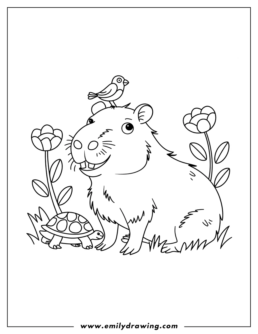 Outline of a capybara with a small bird perched on its head and a turtle walking near its feet. Two stylized flowers are in the background.