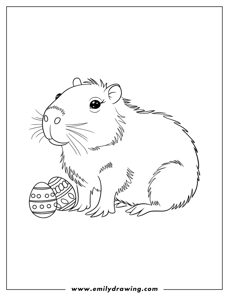 Outline of a capybara sitting next to two decorated Easter eggs.
