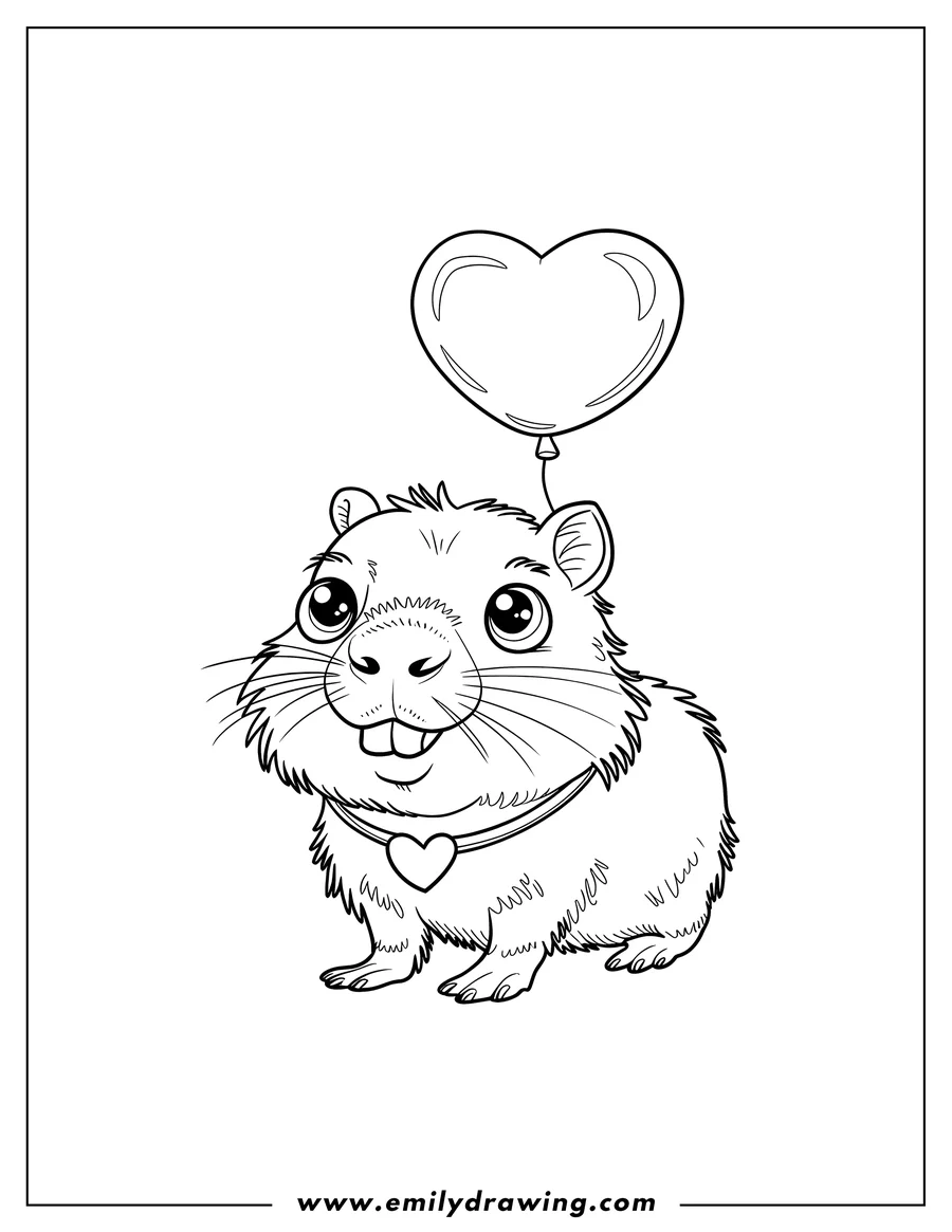 Outline of a capybara wearing a heart necklace and holding a heart-shaped balloon.