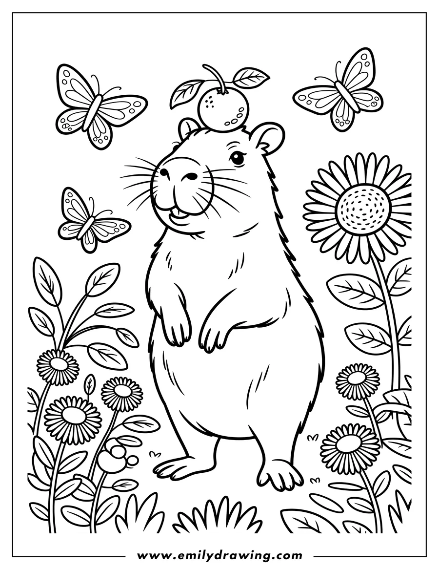 Outline of a capybara with a small orange balanced on its head, surrounded by flowers and butterflies.