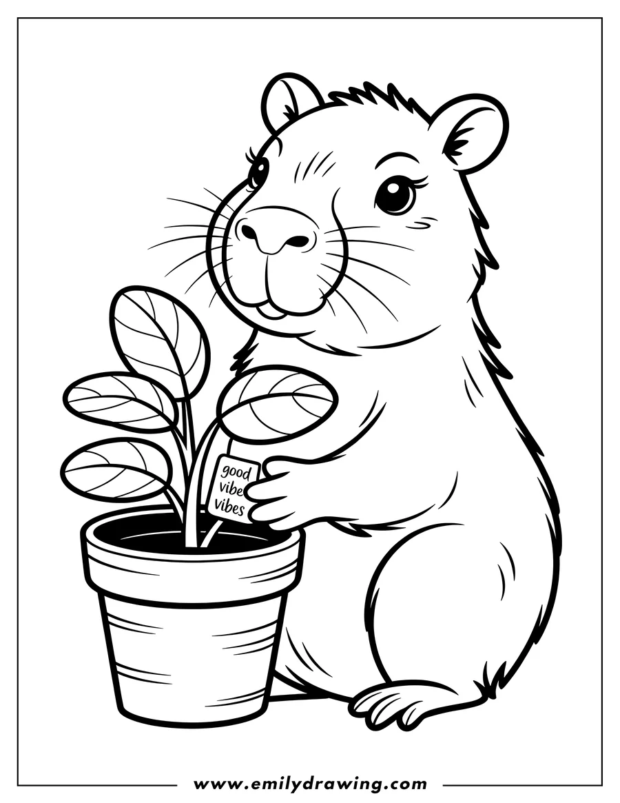 Outline of a capybara holding a potted plant with a