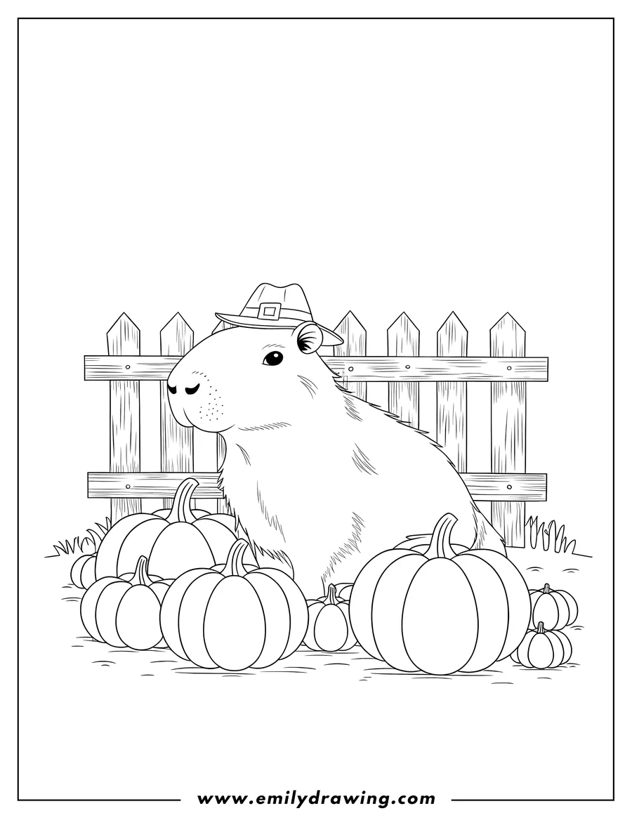 Outline of a capybara wearing a hat and sitting by a fence with pumpkins.