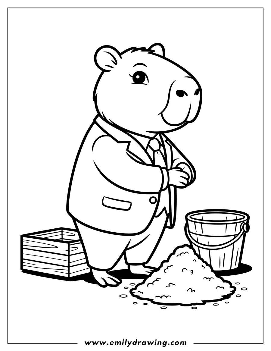 Line art of a capybara wearing a suit and tie, standing near a bucket and a pile of sand.