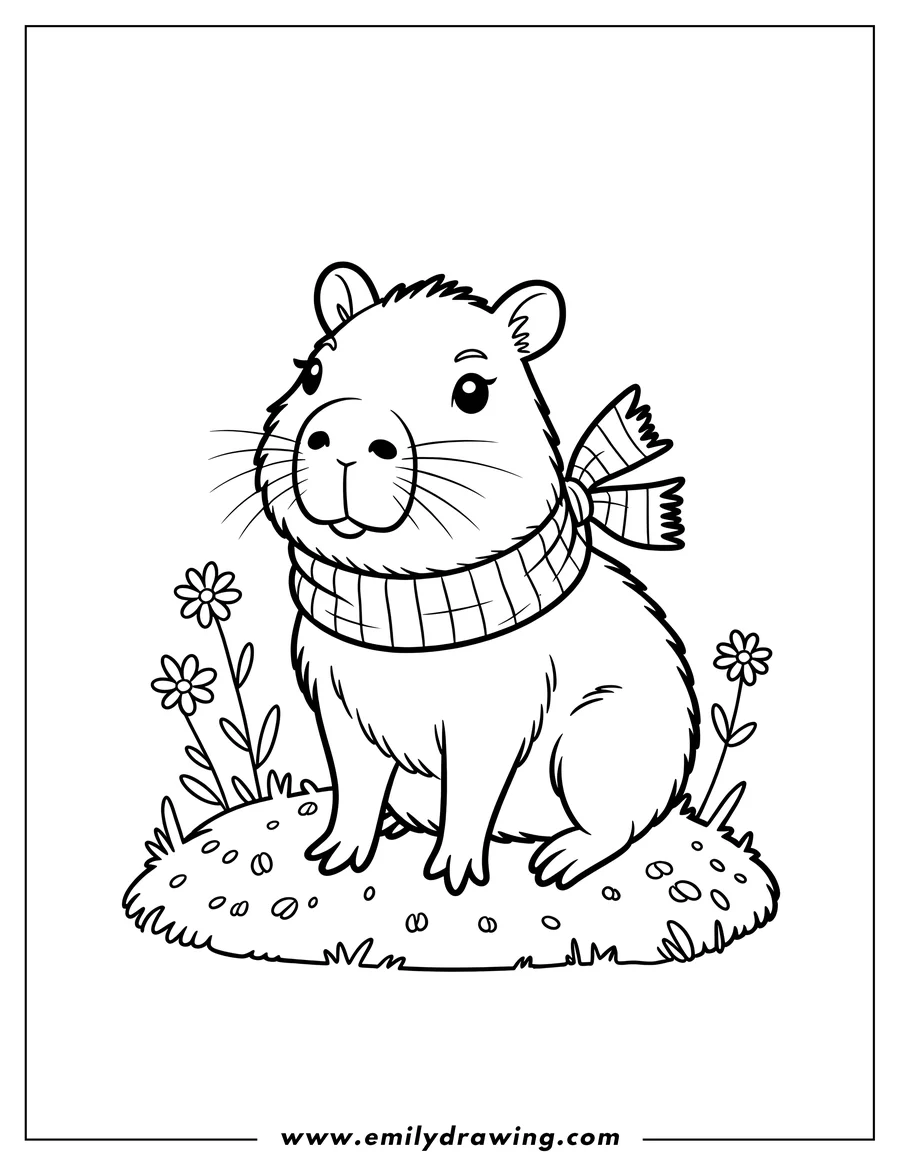 Outline of a capybara wearing a checkered scarf, sitting in the grass near small flowers.
