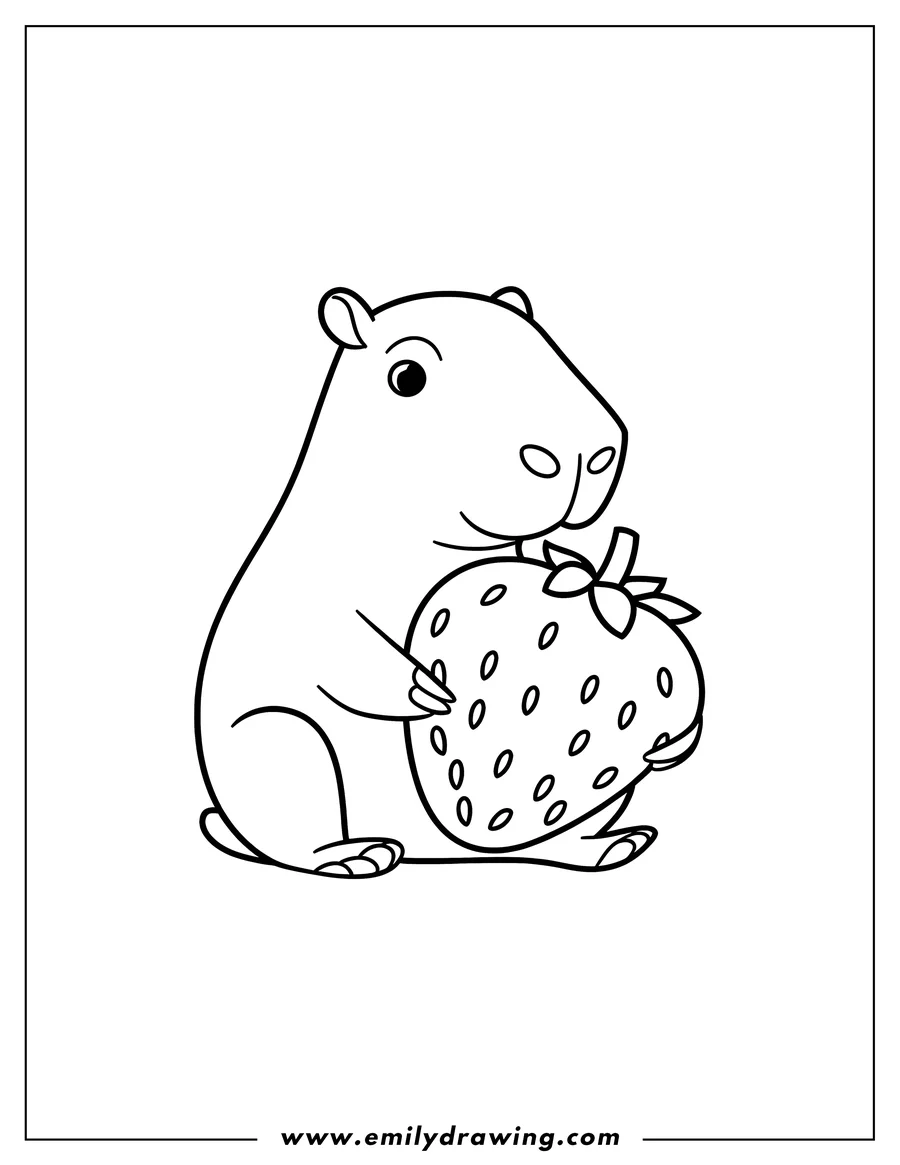 Outline of a capybara holding a large strawberry.