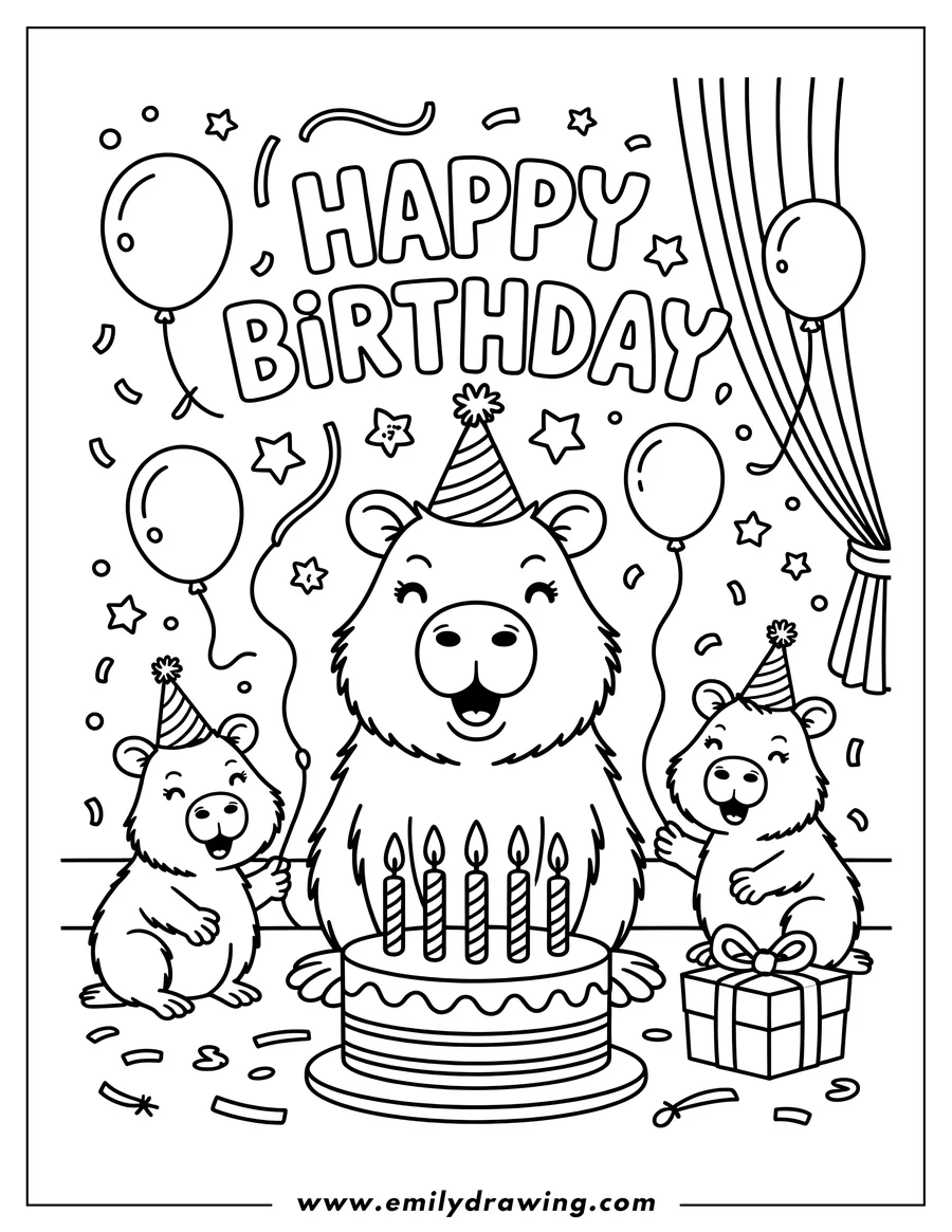 Outline of three capybaras celebrating at a birthday party with a cake, balloons, and presents. The words 'Happy Birthday' appear at the top of the scene.