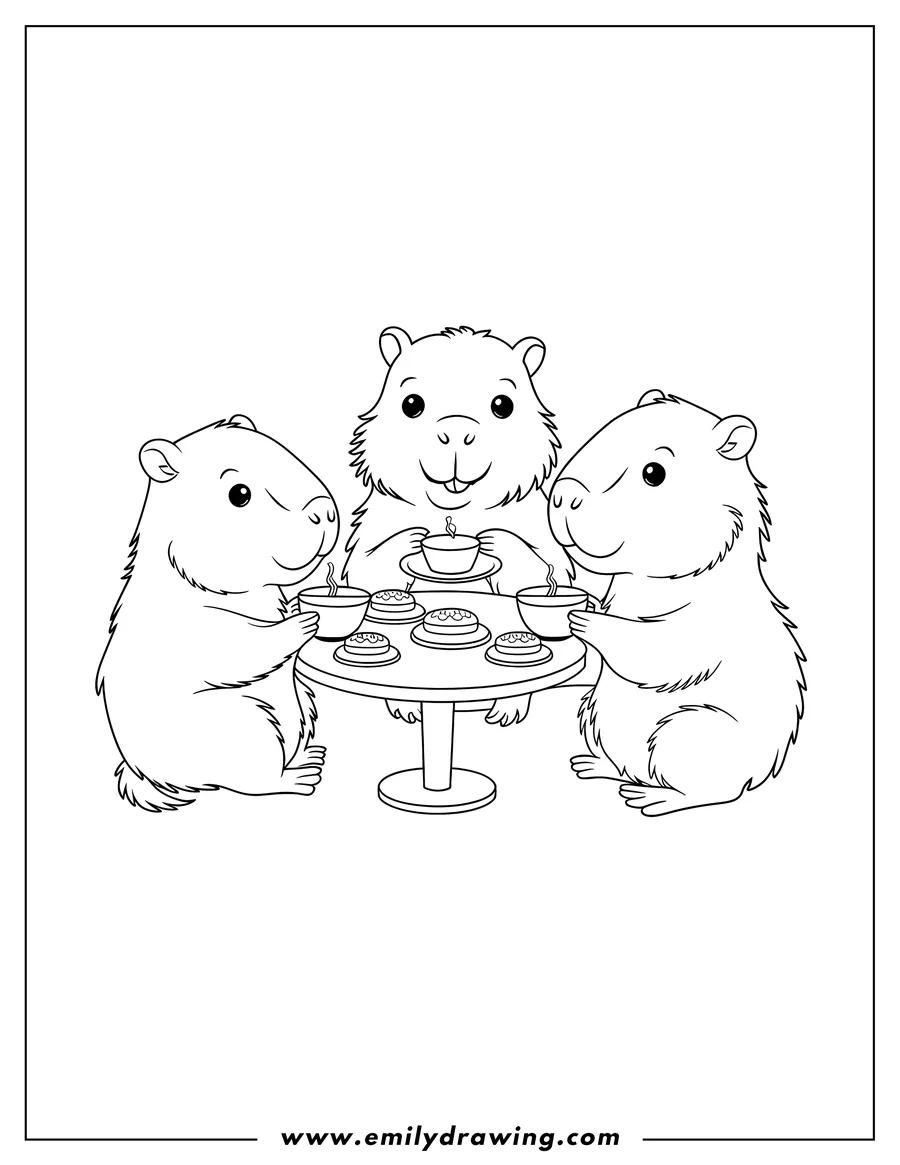 Outline of three capybaras sitting around a table, enjoying tea and cookies.