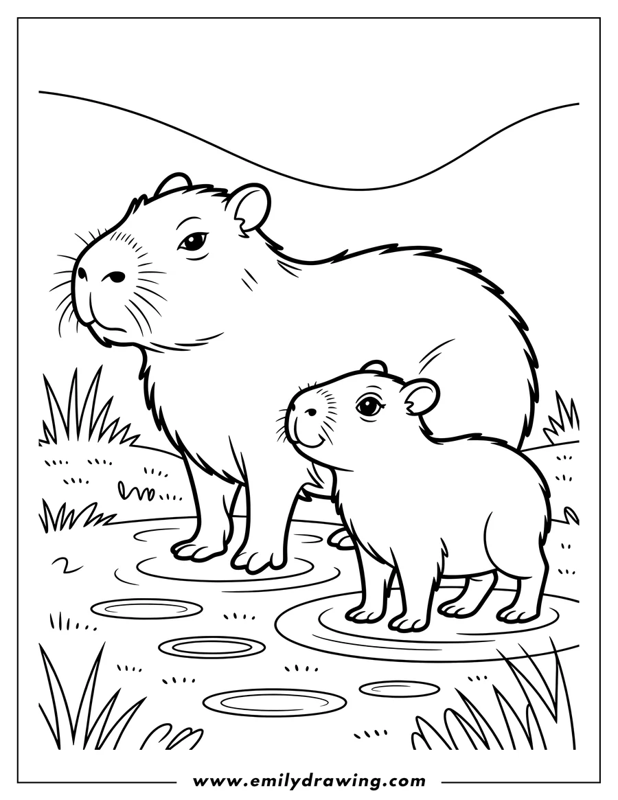 Outline of two capybaras, one large and one small, standing in shallow puddles surrounded by grass.