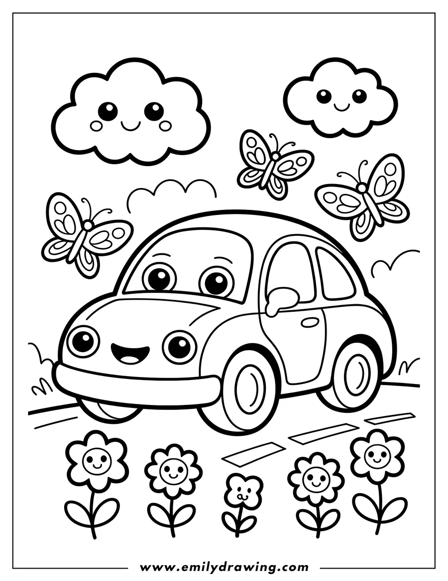 Outline of a cute cartoon car on a road with butterflies flying around. Smiling clouds are in the sky and smiling flowers are along the roadside.