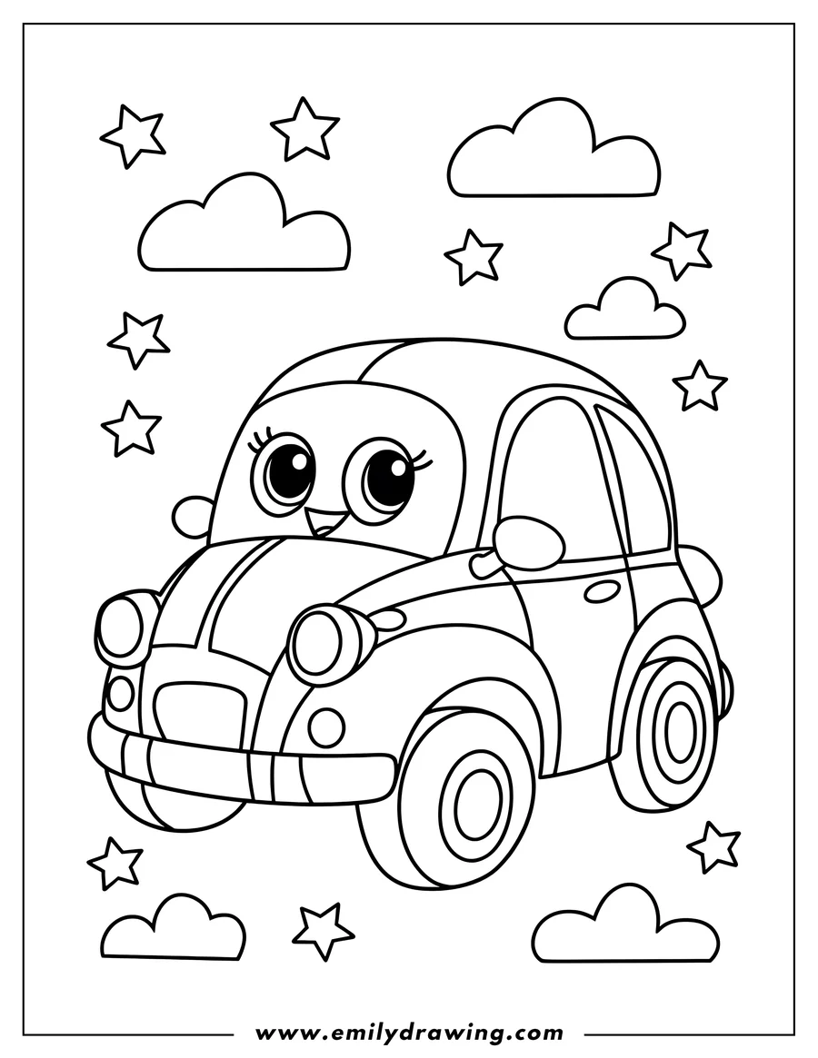 Outline of a cute car amongst clouds and stars.