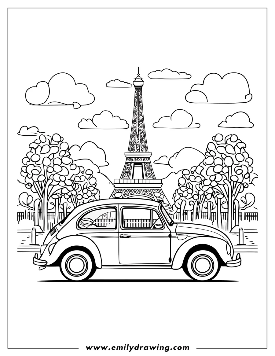 Outline of a classic car parked near the Eiffel Tower in Paris, with trees and clouds in the background.