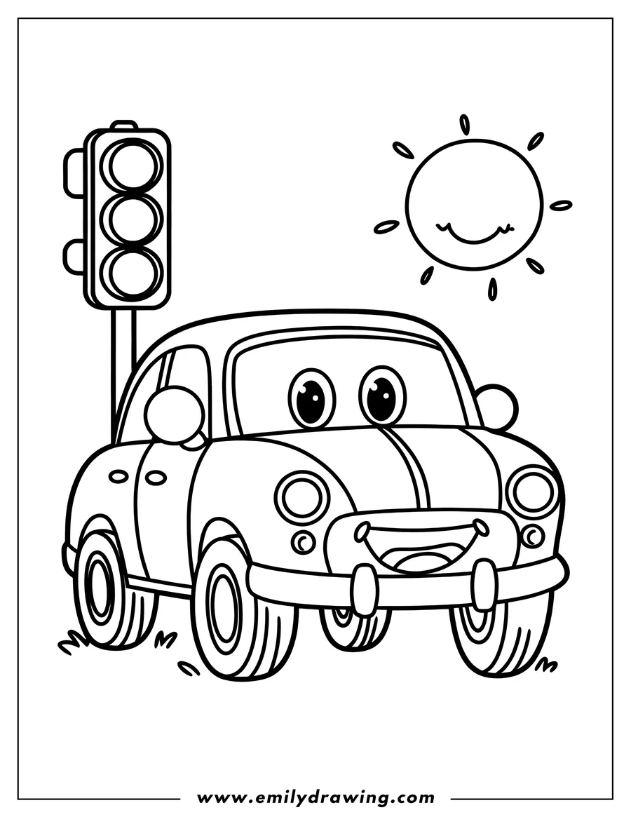Line art of a car near a traffic light under a smiling sun. The car has large, friendly eyes and a smiling front grill.