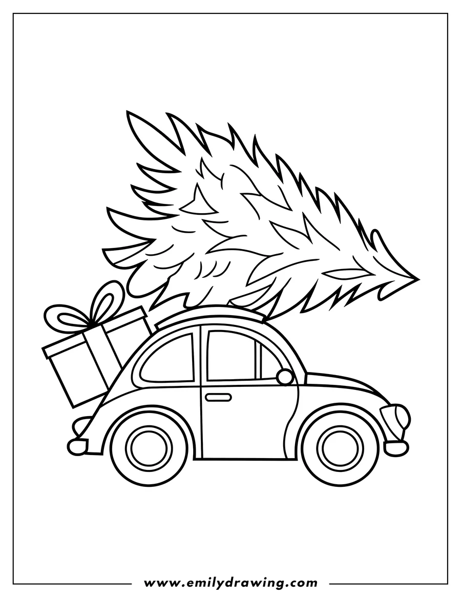 Outline of a car carrying a Christmas tree and present on its roof.