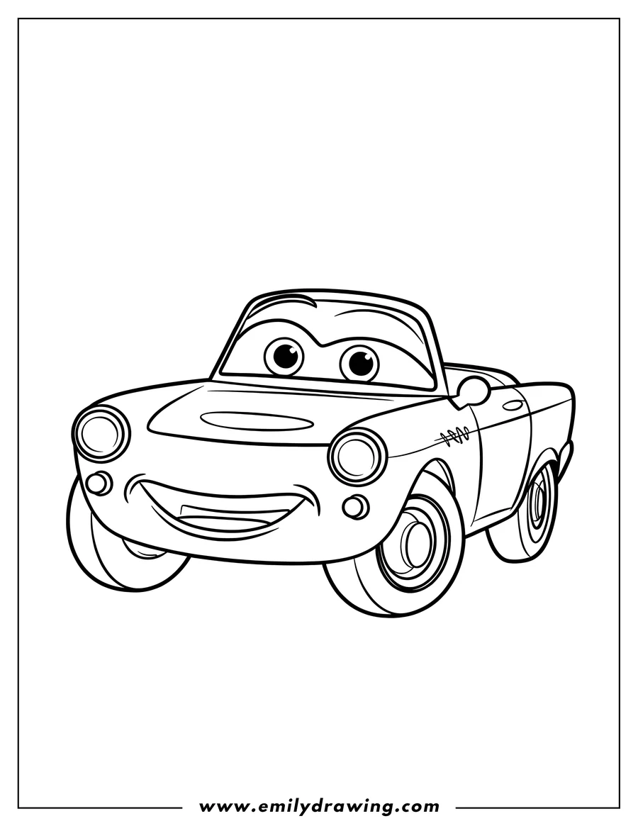 Line art of a car with large eyes and a smiling grill.