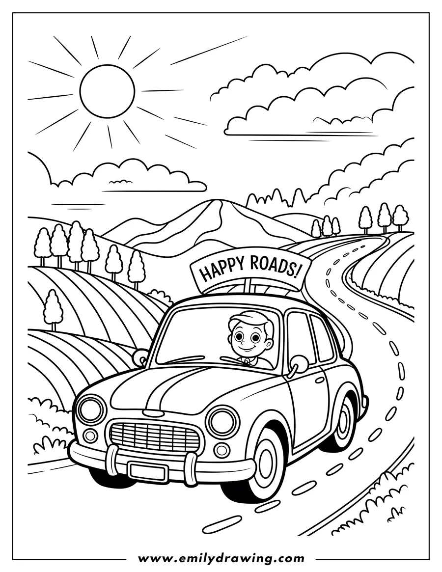 Line art of a car driving on a winding country road, with rolling hills and a bright sun in the background.